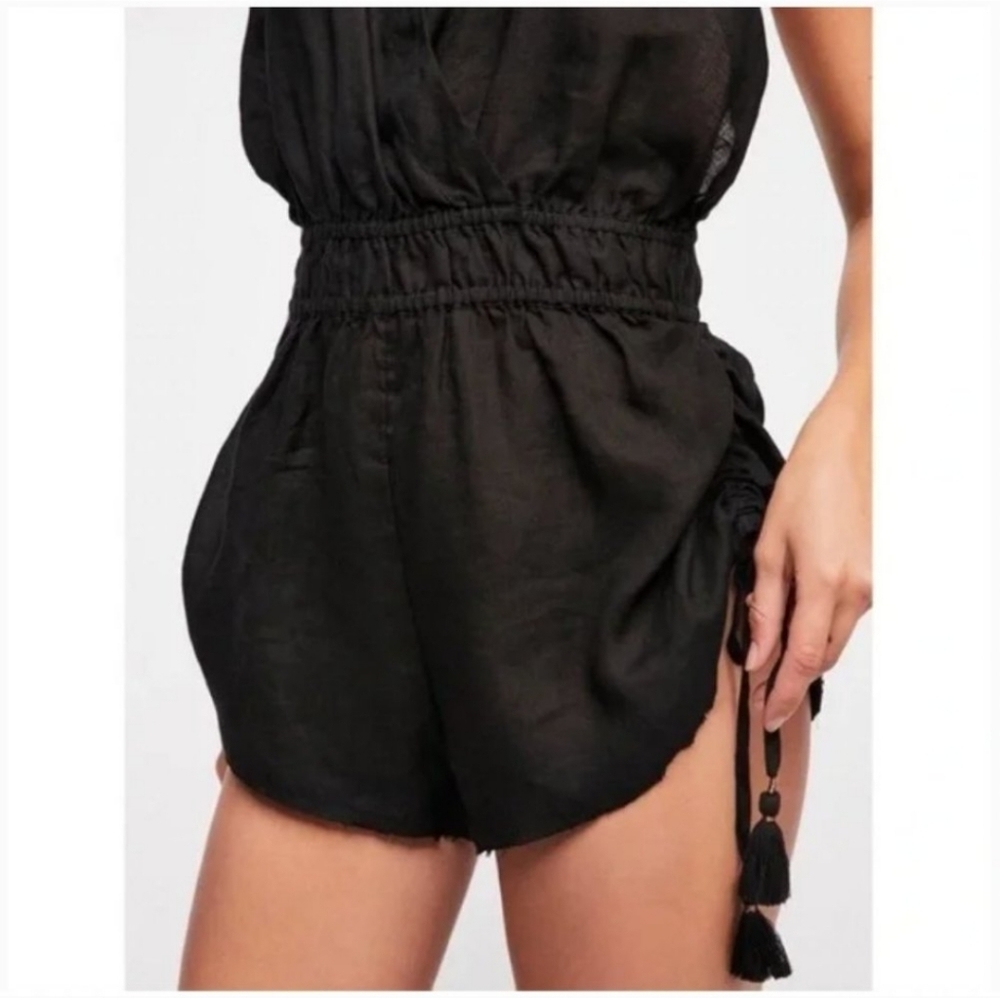 Intimately Free People Black Tassel Linen Strappy Romper Onesie Medium Surplice - Picture 2 of 6